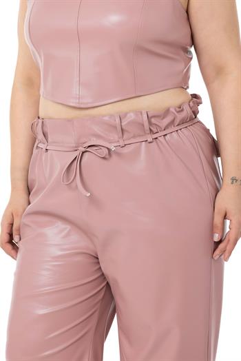 Büyük Beden Paçası Büzgü Detaylı Deri Pudra Pantolon