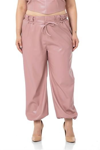 Büyük Beden Paçası Büzgü Detaylı Deri Pudra Pantolon