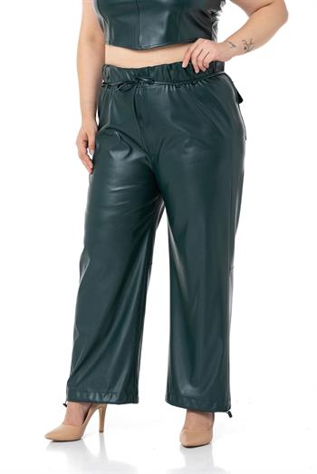 Büyük Beden Paçası Büzgü Detaylı Deri Haki Pantolon