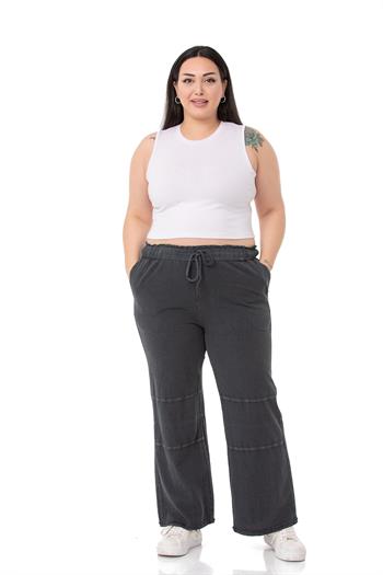 Plus Size Tasseled Black Trousers with Sewing Detail and Pockets