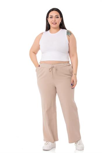 Plus Size Tasseled Beige Trousers with Sewing Detail and Pockets
