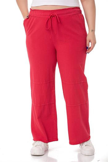 Plus Size Tasseled Red Trousers with Sewing Detail and Pockets
