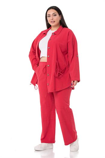 Plus Size Tasseled Red Trousers with Sewing Detail and Pockets