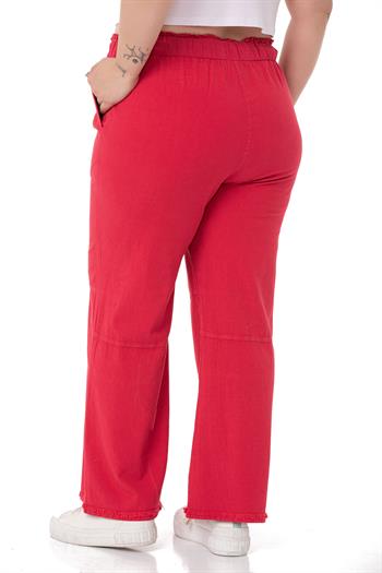 Plus Size Tasseled Red Trousers with Sewing Detail and Pockets