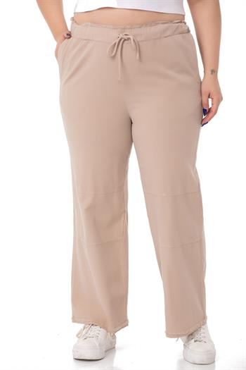 Plus Size Tasseled Beige Trousers with Sewing Detail and Pockets