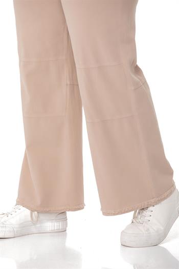 Plus Size Tasseled Beige Trousers with Sewing Detail and Pockets