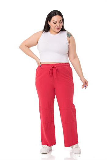 Plus Size Tasseled Red Trousers with Sewing Detail and Pockets