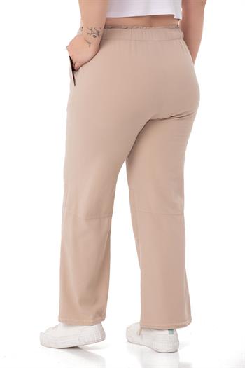 Plus Size Tasseled Beige Trousers with Sewing Detail and Pockets