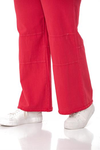 Plus Size Tasseled Red Trousers with Sewing Detail and Pockets