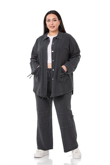 Plus Size Tasseled Black Trousers with Sewing Detail and Pockets