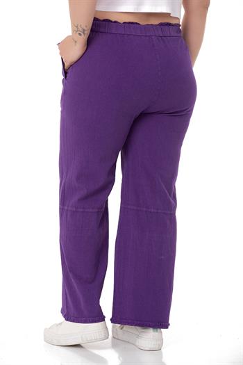 Plus Size Tasseled Purple Trousers with Sewing Detail and Pockets