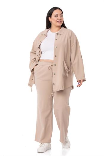 Plus Size Tasseled Beige Trousers with Sewing Detail and Pockets