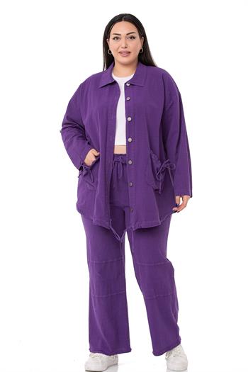 Plus Size Tasseled Purple Trousers with Sewing Detail and Pockets
