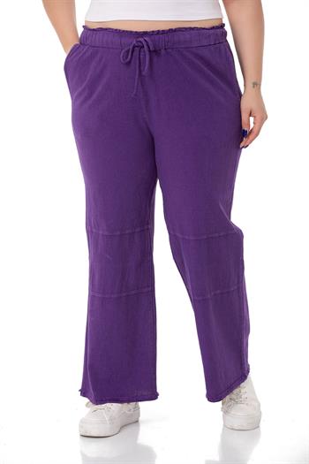 Plus Size Tasseled Purple Trousers with Sewing Detail and Pockets