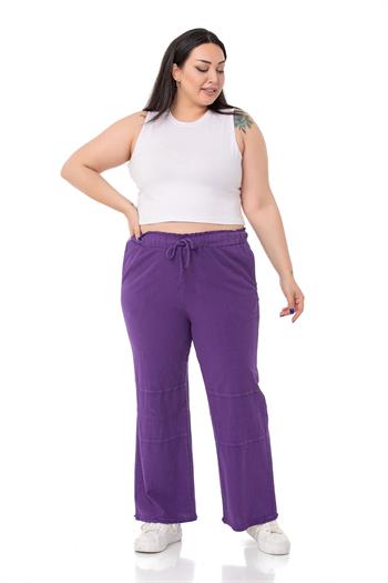 Plus Size Tasseled Purple Trousers with Sewing Detail and Pockets