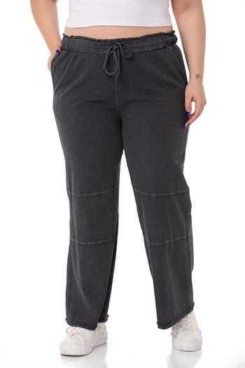 Plus Size Tasseled Black Trousers with Sewing Detail and Pockets