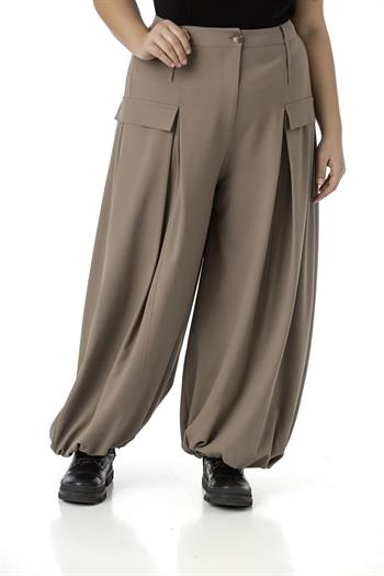 Büyük Beden Şalvar Kesim Beli Arkadan ve Paçası Lastikli Derin Plikaşe Detaylı Vizon Pantolon