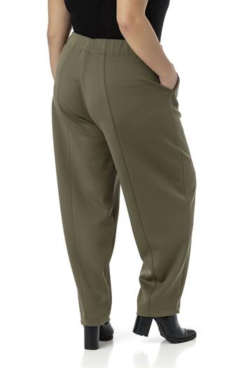 Büyük Beden Yarım Şalvar Beli Arkadan Lastikli Cepli Haki Pantolon