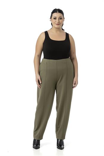 Büyük Beden Yarım Şalvar Beli Arkadan Lastikli Cepli Haki Pantolon