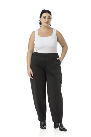 Büyük Beden Yarım Şalvar Beli Arkadan Lastikli Cepli Siyah Pantolon