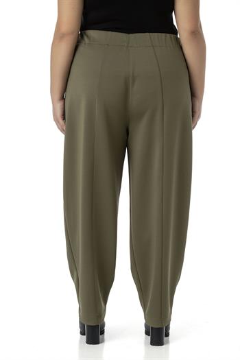 Büyük Beden Yarım Şalvar Beli Arkadan Lastikli Cepli Haki Pantolon