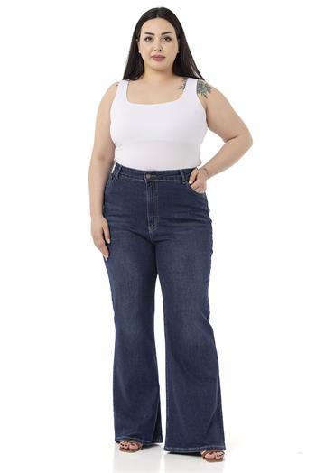 Plus Size High Waist Flared Navy Blue Denim Trousers