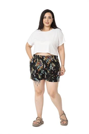 Plus Size Elastic Waist Floral Patterned Double Pocket Shorts Black