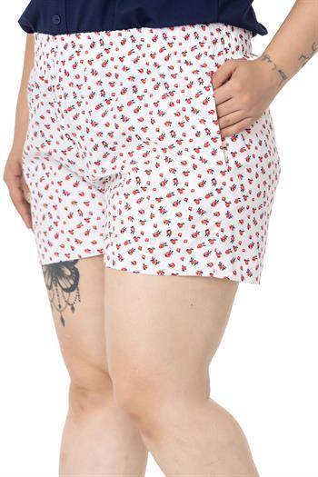 Plus Size Elastic Waist Small Floral Double Pocket Shorts White