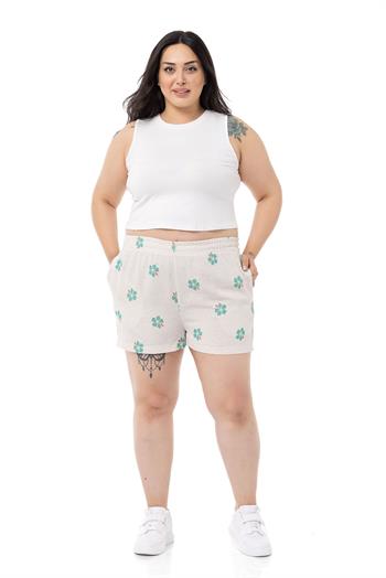 Plus Size Elastic Waist Linen Patterned Double Pocket Shorts Green