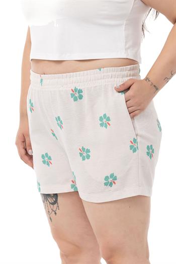 Plus Size Elastic Waist Linen Patterned Double Pocket Shorts Green