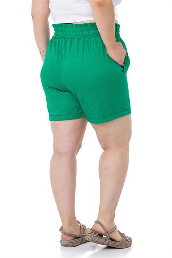 Plus Size Gabardine Green Shorts with Elastic Waist Side and Back and Fold Detail