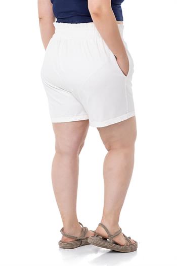 Plus Size Gabardine White Shorts with Elastic Waist Side and Back and Fold Detail