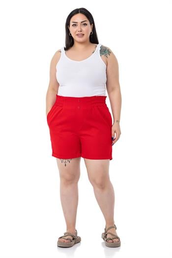 Plus Size Gabardine Red Shorts with Elastic Waist Side and Back and Fold Detail
