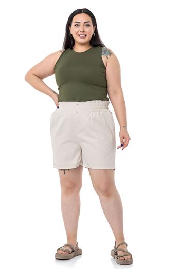 Plus Size Gabardine Beige Shorts with Elastic Waist Side and Back and Fold Detail