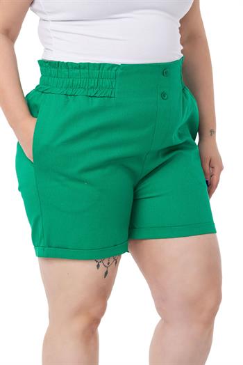 Plus Size Gabardine Green Shorts with Elastic Waist Side and Back and Fold Detail