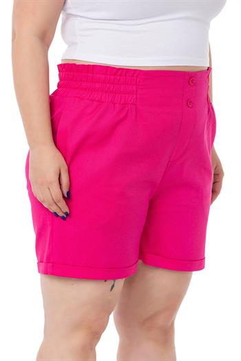 Plus Size Gabardine Fuchsia Shorts with Elastic Waist Side and Back and Fold Detail