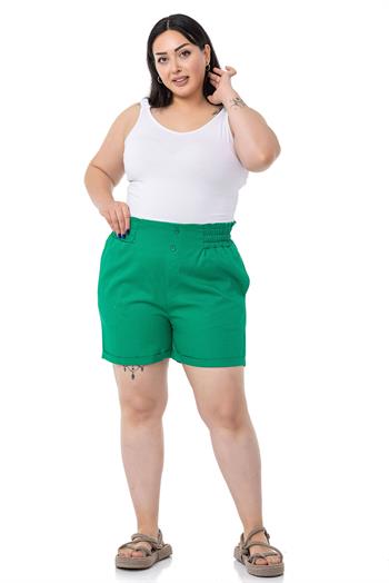 Plus Size Gabardine Green Shorts with Elastic Waist Side and Back and Fold Detail