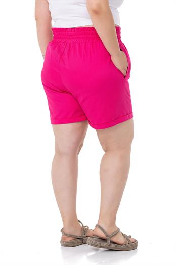 Plus Size Gabardine Fuchsia Shorts with Elastic Waist Side and Back and Fold Detail