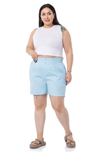 Plus Size Gabardine Baby Blue Shorts with Elastic Waist Side and Back and Fold Detail