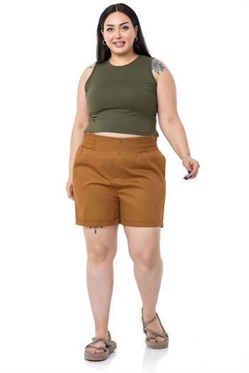Plus Size Gabardine Cinnamon Shorts with Elastic Waist Side and Back and Fold Detail