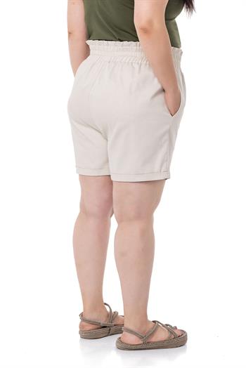 Plus Size Gabardine Beige Shorts with Elastic Waist Side and Back and Fold Detail