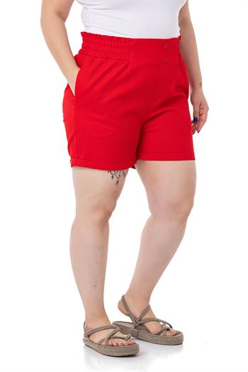 Plus Size Gabardine Red Shorts with Elastic Waist Side and Back and Fold Detail