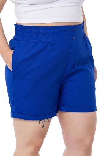 Plus Size Gabardine Sax Blue Shorts with Elastic Waist Side and Back and Fold Detail