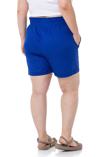 Plus Size Gabardine Sax Blue Shorts with Elastic Waist Side and Back and Fold Detail
