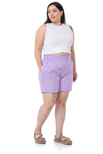 Plus Size Gabardine Lilac Shorts with Elastic Waist Side and Back and Fold Detail