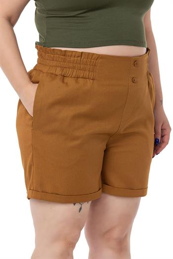 Plus Size Gabardine Cinnamon Shorts with Elastic Waist Side and Back and Fold Detail