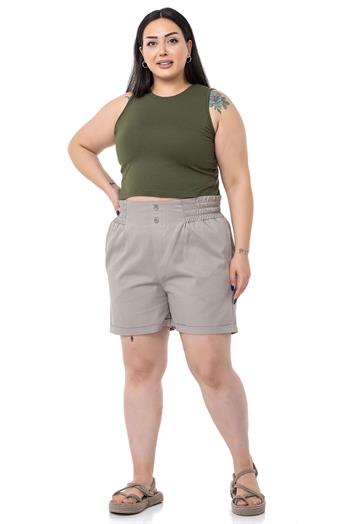 Plus Size Gabardine Stone Shorts with Elastic Waist Side and Back and Fold Detail