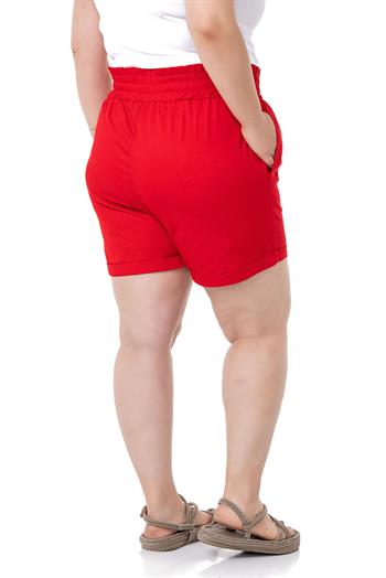 Plus Size Gabardine Red Shorts with Elastic Waist Side and Back and Fold Detail