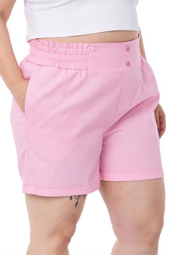Plus Size Gabardine Pink Shorts with Elastic Waist Side and Back and Fold Detail