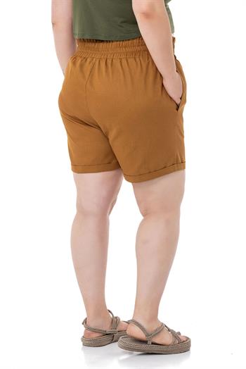 Plus Size Gabardine Cinnamon Shorts with Elastic Waist Side and Back and Fold Detail